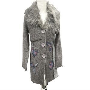 Papillon Embellished Gray Cardigan Faux Fur Collar M